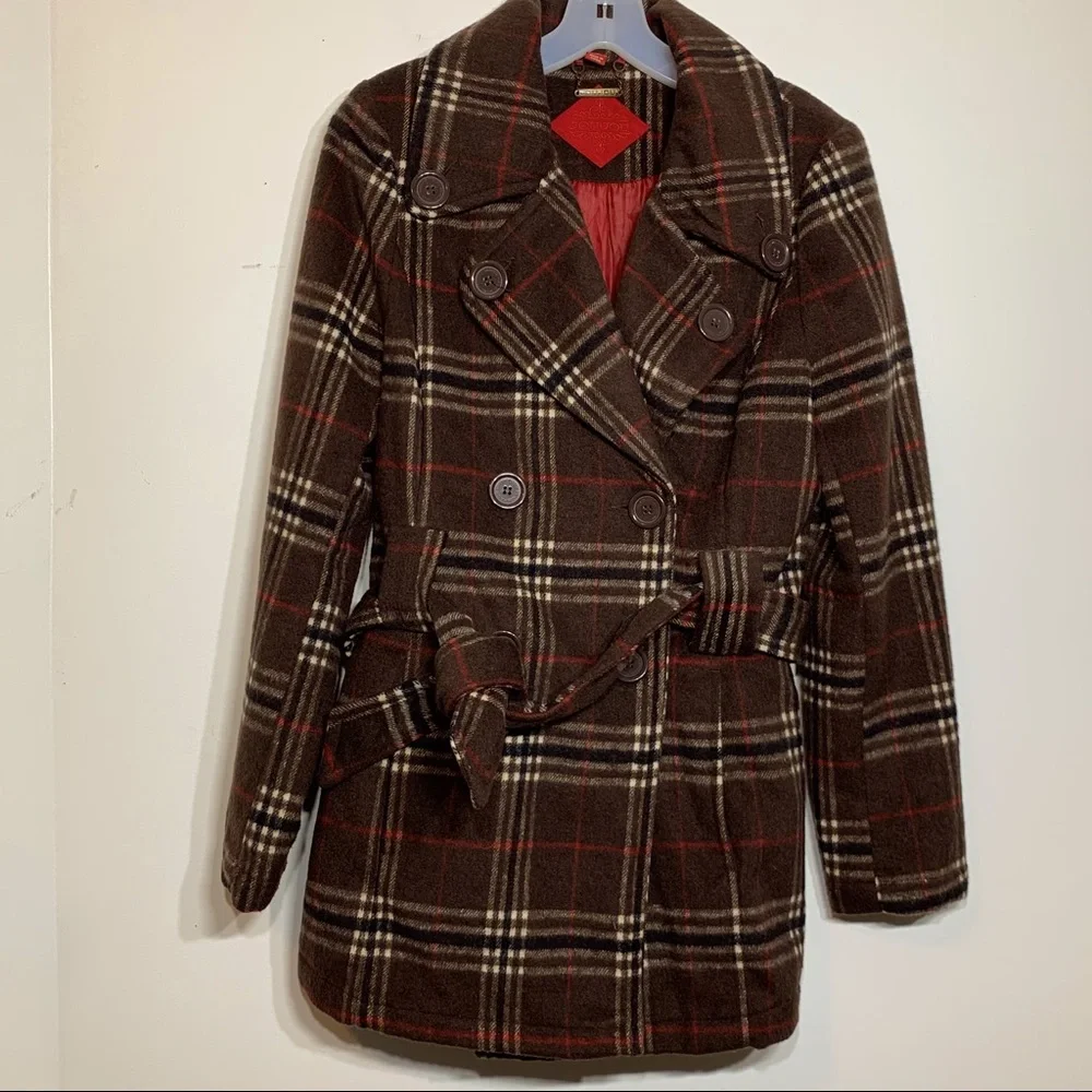 Brown Plaid Wool Blend Double Breasted Peacoat Winter Trench Coat Small